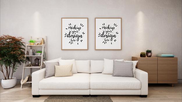 Poster Frames In Living Room Mockup Psd