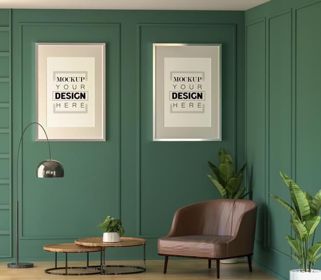 Poster Frames In Living Room Mockup Psd