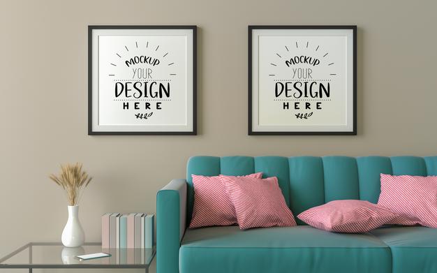 Poster Frames In Living Room Mockup Psd