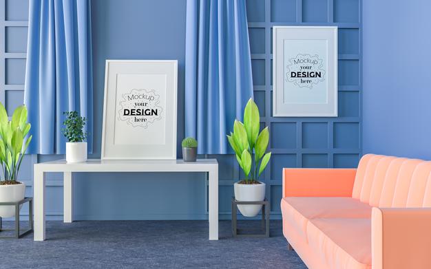 Poster Frames In Living Room Mockup Psd
