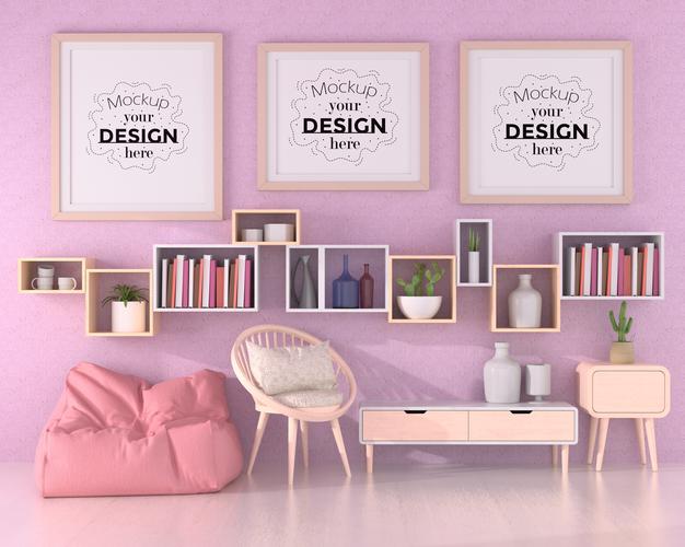 Poster Frames In Living Room Mockup Psd