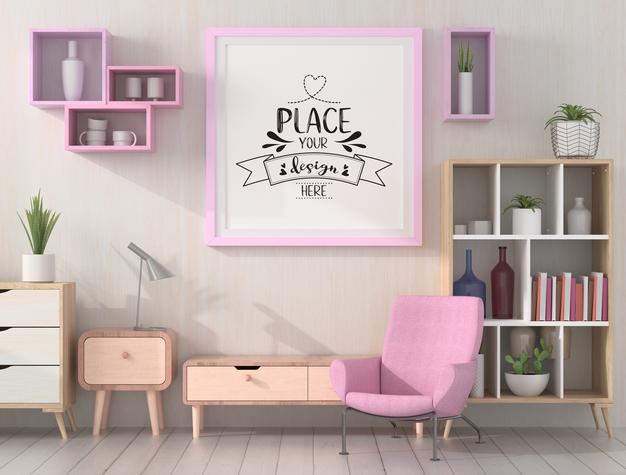 Poster Frames In Living Room Mockup Psd