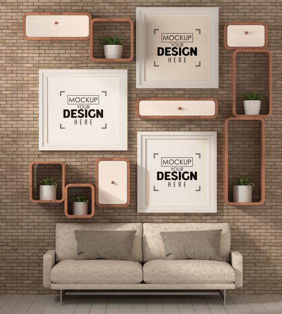 Poster Frames In Living Room Mockup Psd