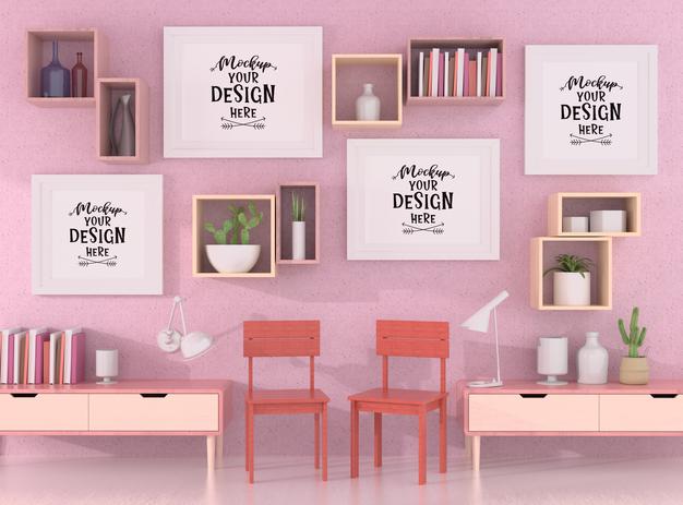 Poster Frames In Living Room Mockup Psd