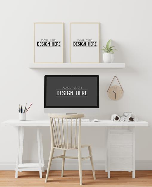 Poster Frames In Office Mockup Psd