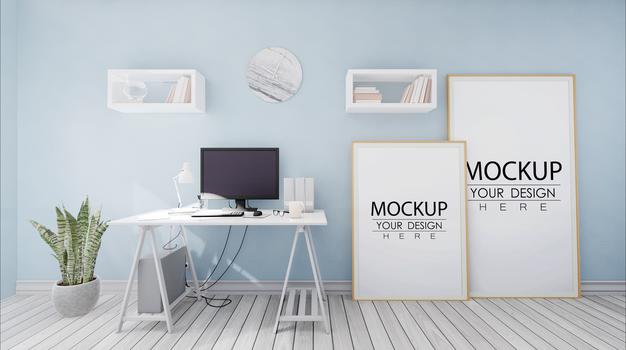 Poster Frames In Office Mockup Psd
