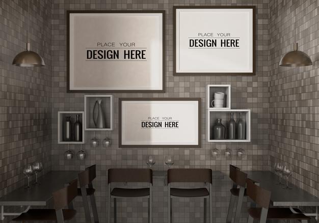 Poster Frames In Restaurant Mockup Psd