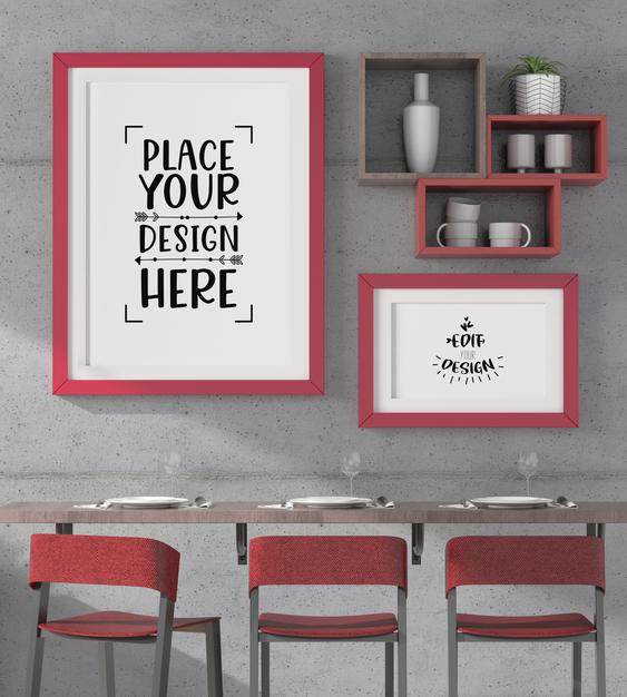 Poster Frames In Restaurant Mockup Psd