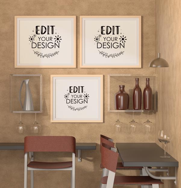 Poster Frames In Restaurant Mockup Psd