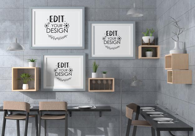 Poster Frames In Restaurant Mockup Psd