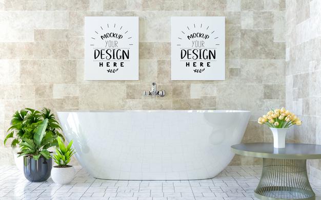 Poster Frames Mockup On Bathroom Interior Psd