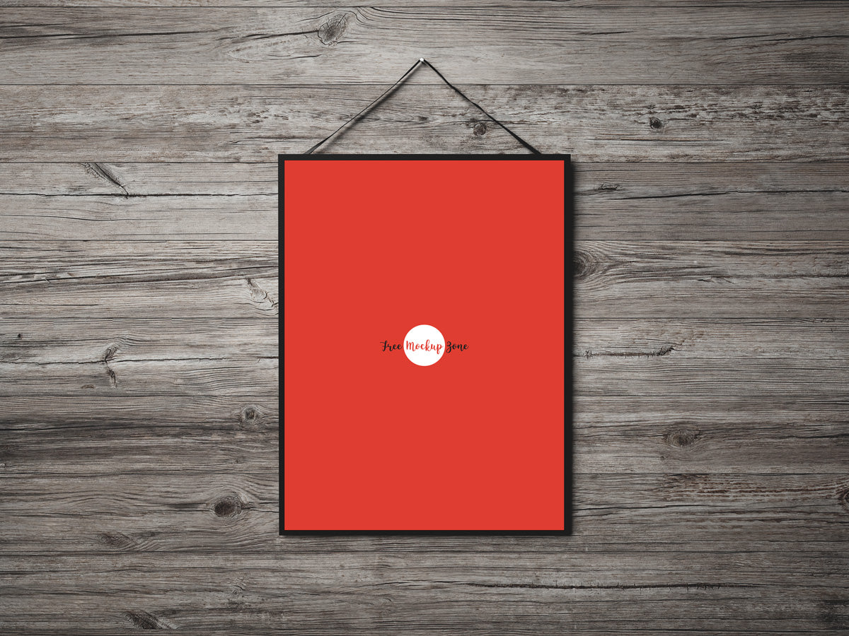 Poster Hanging On Wooden Wall Mockup Psd