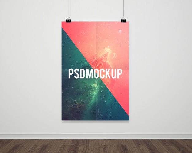Hanging Poster on a White Wall Mockup