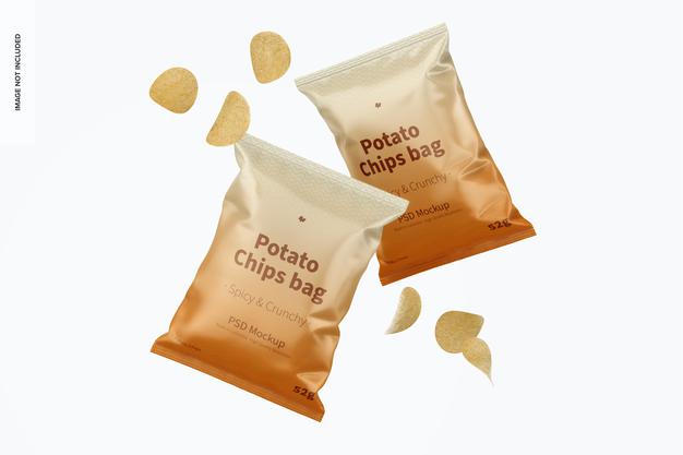 Potato Chips Bags Mockup, Floating Psd