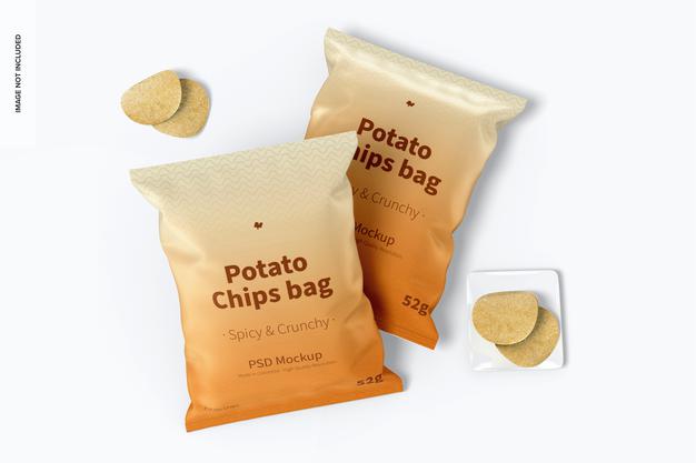 Potato Chips Bags Mockup, Top View Psd