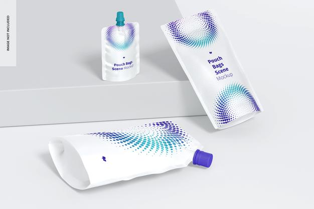 Pouch Bags Scene Mockup Dropped Psd