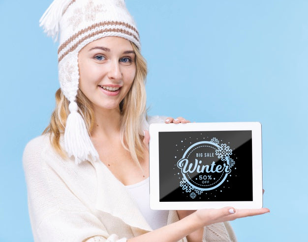 Pretty Young Girl Holding Tablet With Mock-Up Psd