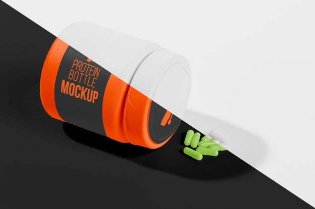 Protein Orange Bottle And Green Pills Mock-Up Psd