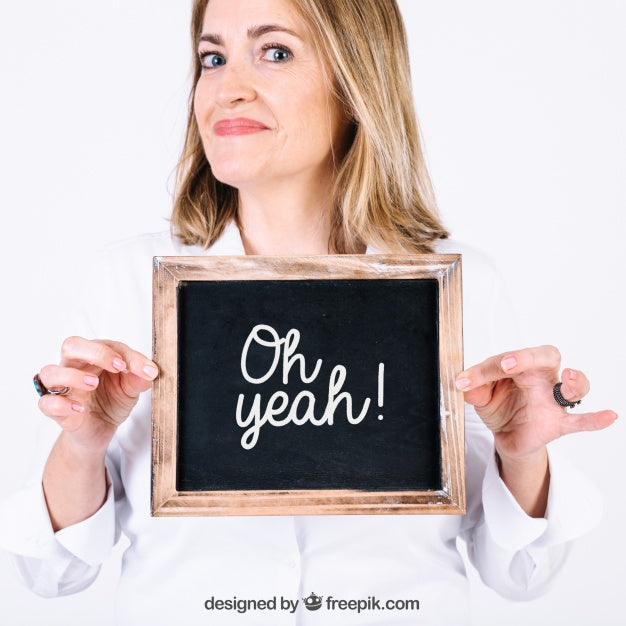 Proud Woman Presenting Slate Psd