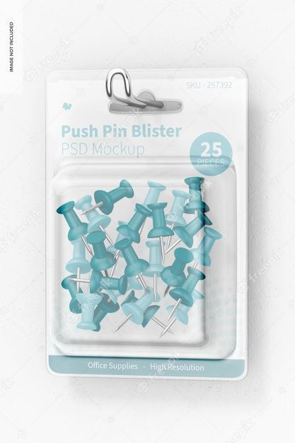 Push Pin Blister Mockup, Hanging On Wall Psd