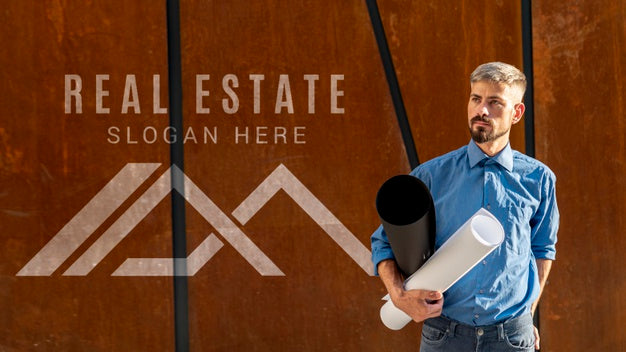 Real Estate Agent And Logo On Wooden Background Psd