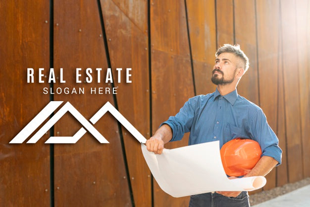 Real Estate Agent Looking Up And Holding Plans Psd