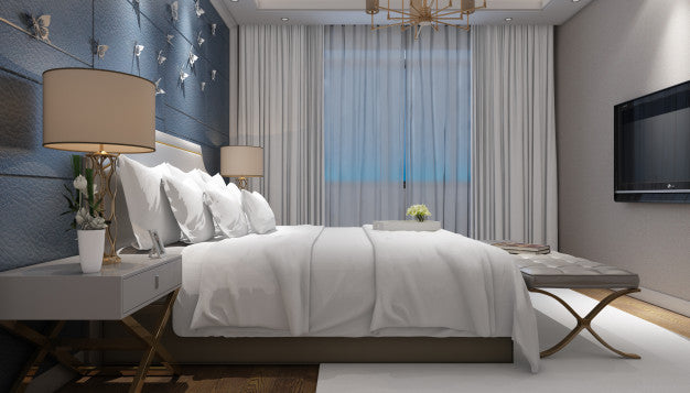 Realistic Bright Modern Double Bedroom With Furniture Psd