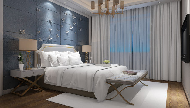 Realistic Bright Modern Double Bedroom With Furniture Psd