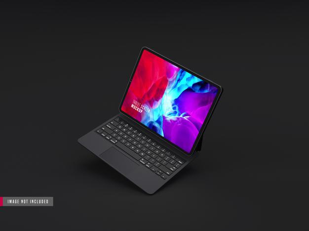 Realistic Dark Tablet Pro Mockup, With Keyboard Psd
