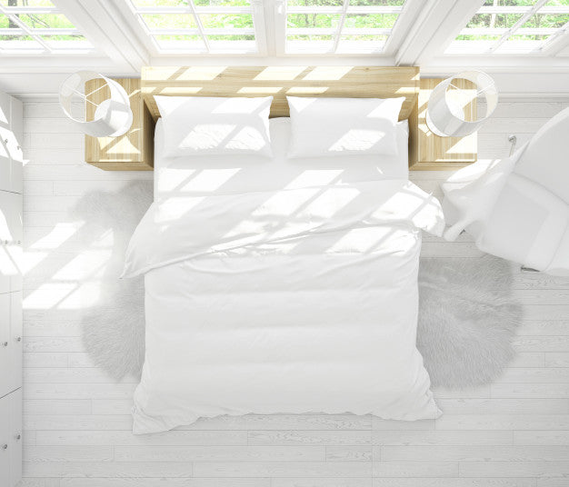 Realistic Double Bedroom With Furniture And Big Windows On Top View Psd