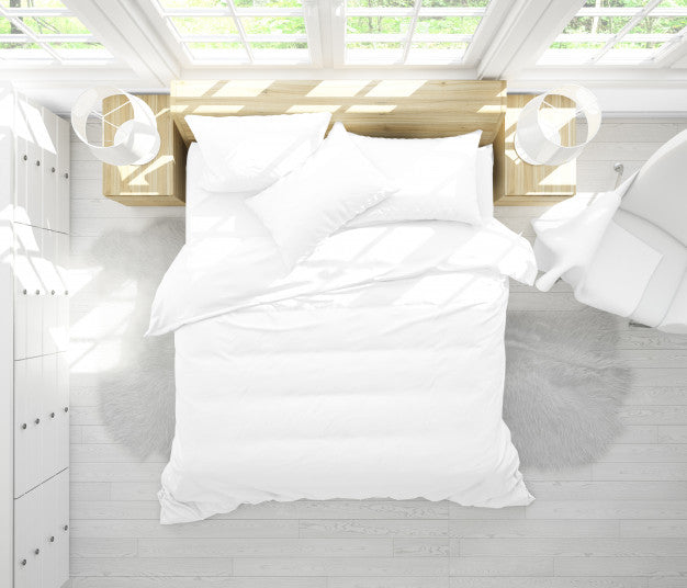 Realistic Double Bedroom With Furniture And Big Windows On Top View Psd