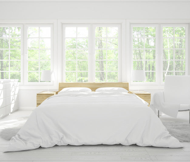 Realistic Double Bedroom With Furniture And Big Windows Psd