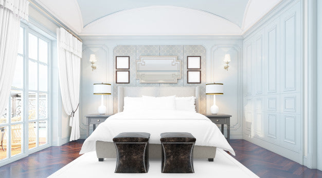 Realistic Elegant Double Bedroom With Furniture And Big Windows Psd