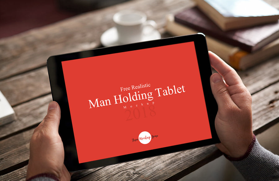 Realistic Man Holding Tablet Mockup