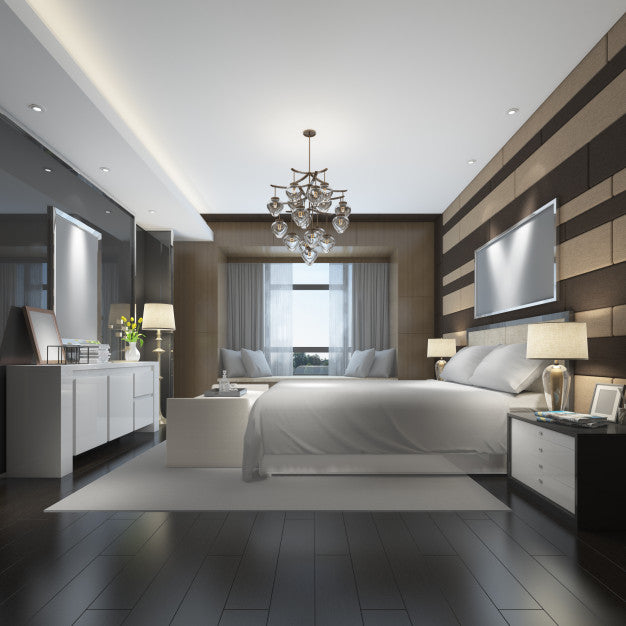 Realistic Modern Double Bedroom With Furniture And A Frame Psd