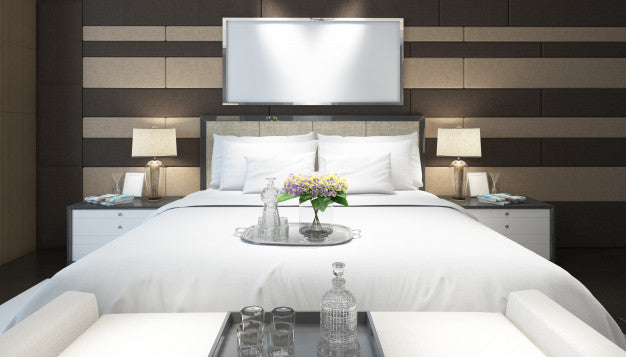 Realistic Modern Double Bedroom With Furniture And A Frame Psd