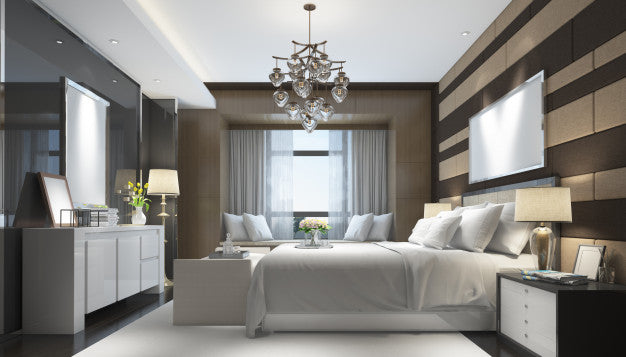 Realistic Modern Double Bedroom With Furniture And A Frame Psd