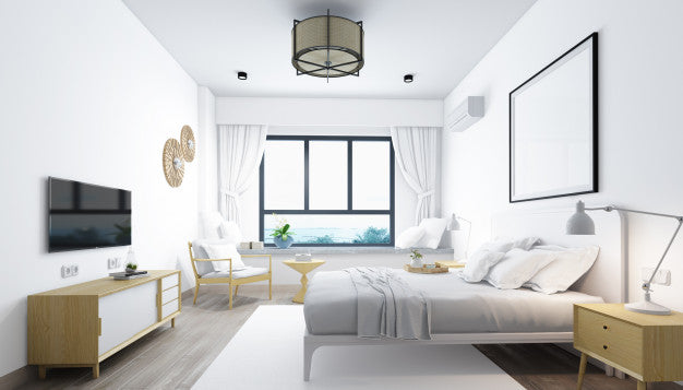 Realistic Modern Double Bedroom With Furniture And A Frame Psd