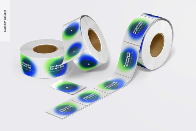 Rectangular Stickers Rolls Mockup, Perspective Psd
