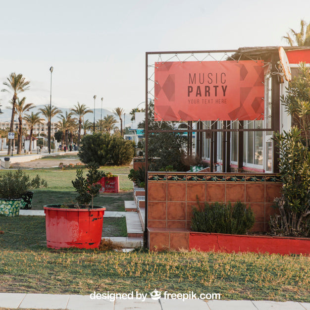 Red Billboard Mockup Next To House Psd