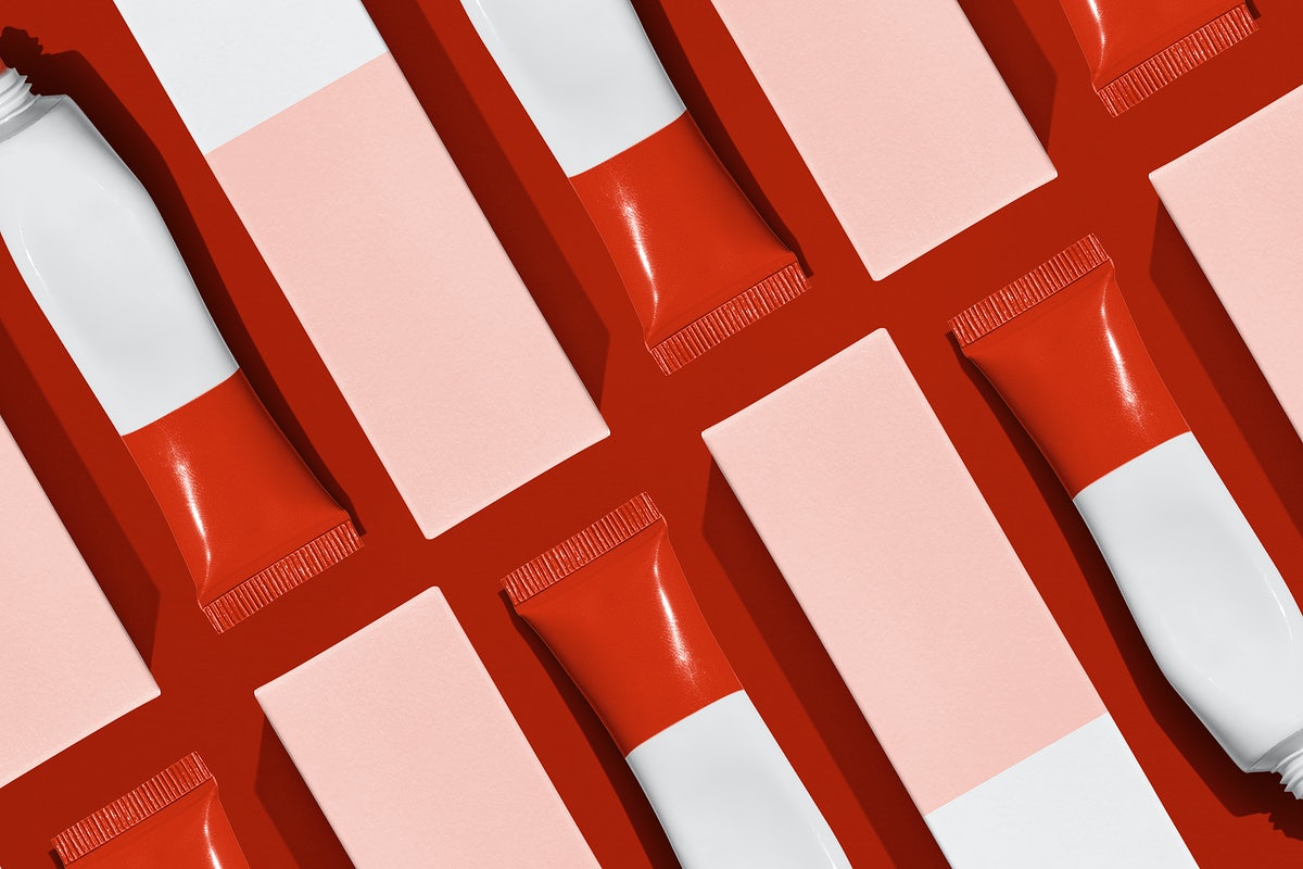 Red Paint Tube Mockup Psd Cosmetic Packaging Laid Out In Flat Lay