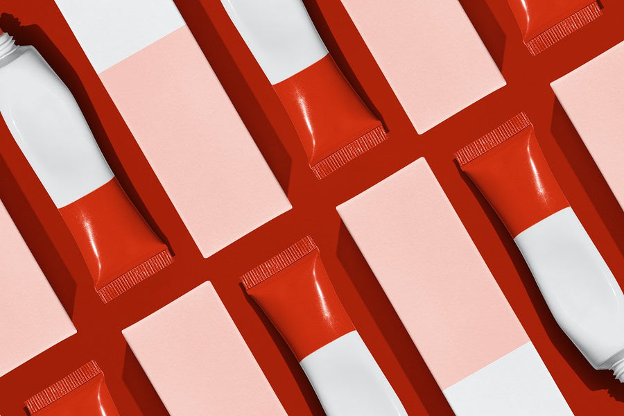 Red Paint Tube Mockup Psd Cosmetic Packaging Laid Out In Flat Lay