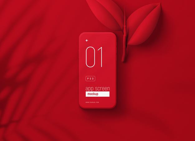 Red Smartphone Mockup With Red Leaves Psd