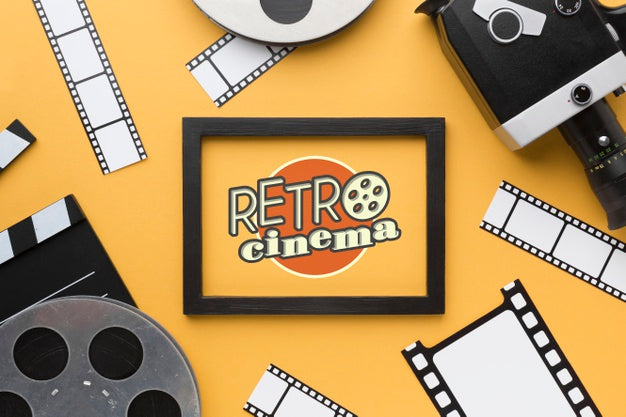 Retro Cinema Mock-Up In Frame And Props Psd