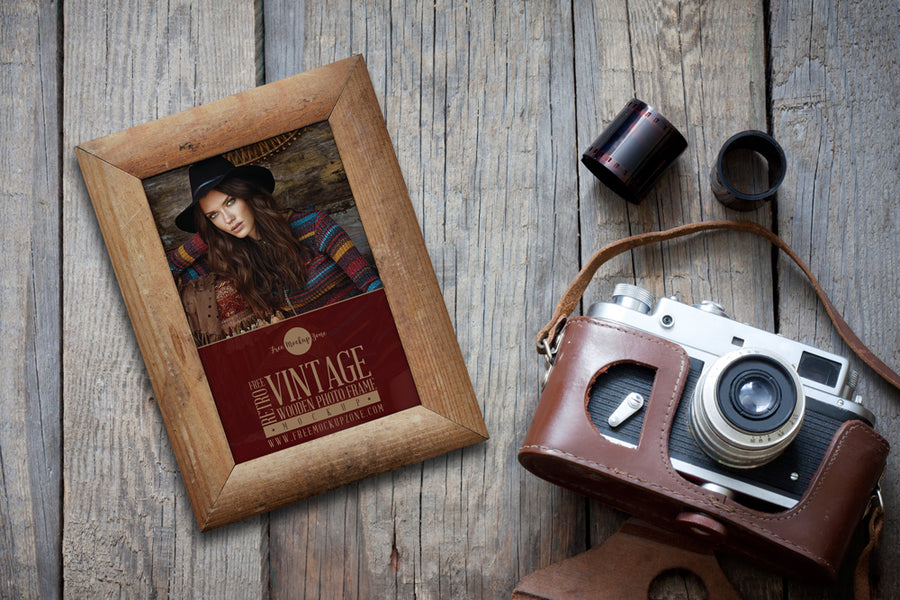 Retro Vintage Wooden Photo Frame Mockup