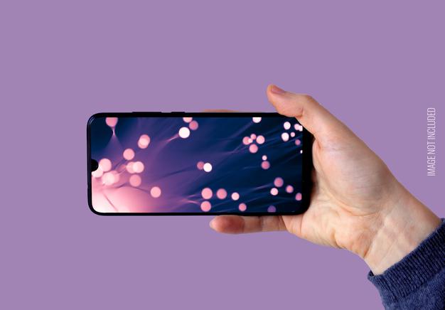 Right Hand Holding Horizontal Smartphone Mockup Psd