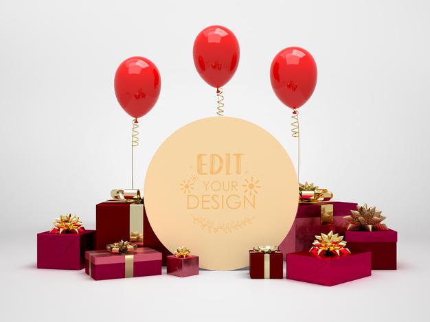 Round Board Among Presents And Balloons Psd
