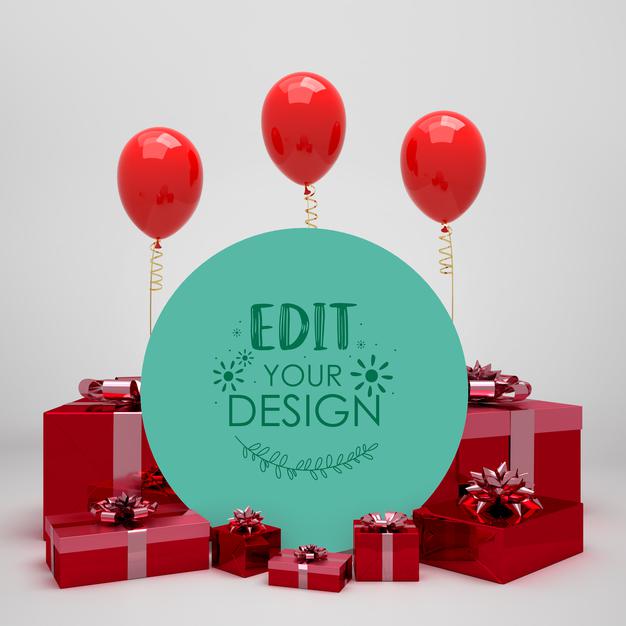 Round Board Among Presents And Balloons Psd