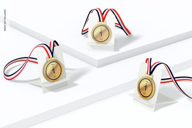 Round Competition Medals With Ribbon Set Mockup Psd