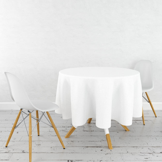 Round Dining Table Mockup With A White Cloth And Modern Chairs Psd